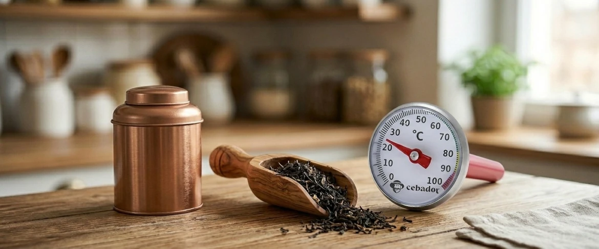 Необхідні аксесуари для чаю: металева банка для чаю, дерев'яна мірна ложка, наповнена розсипним чаєм, та чайний термометр