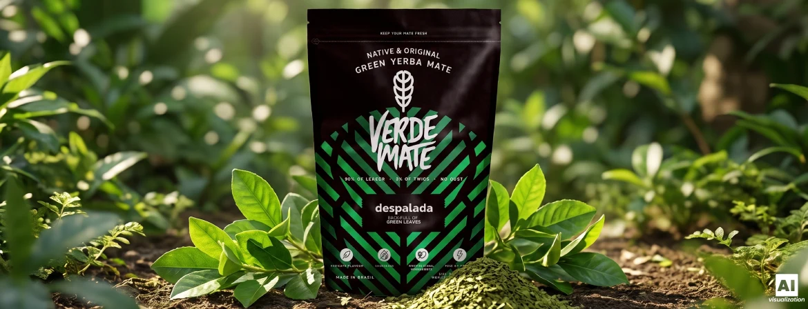 Дойпак «Verde Mate Green Despalada» серед свіжого листя та сушеної зеленої йерби-мате.