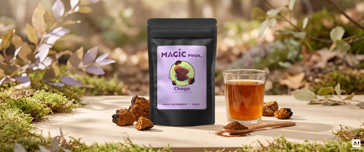 «Magic Pwdr Chaga» у пакеті типу «дойпак», порошковий екстракт, шматочки сушених грибів та настій.