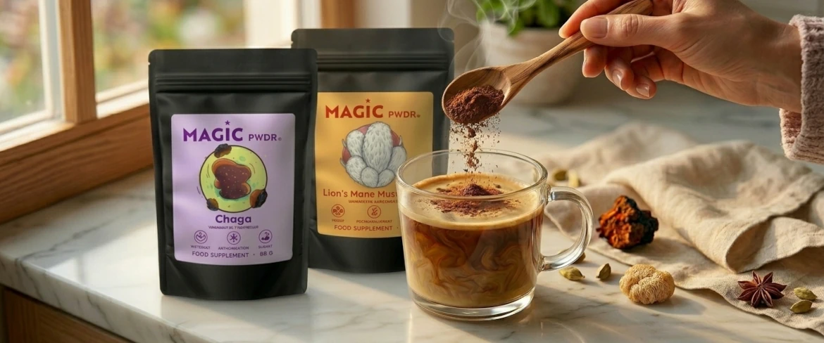 Щоденне вживання адаптогенних грибів у вигляді порошку — додавання екстракту гриба «левова грива» у каву
