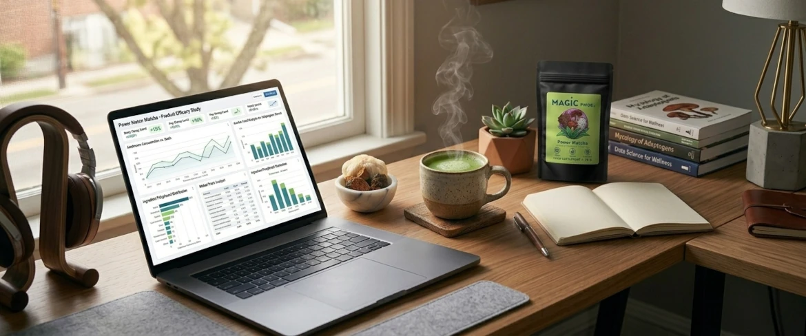 Сучасне робоче місце з ноутбуком та напоєм, що сприяє концентрації уваги, виготовленим на основі екстракту лікувальних грибів