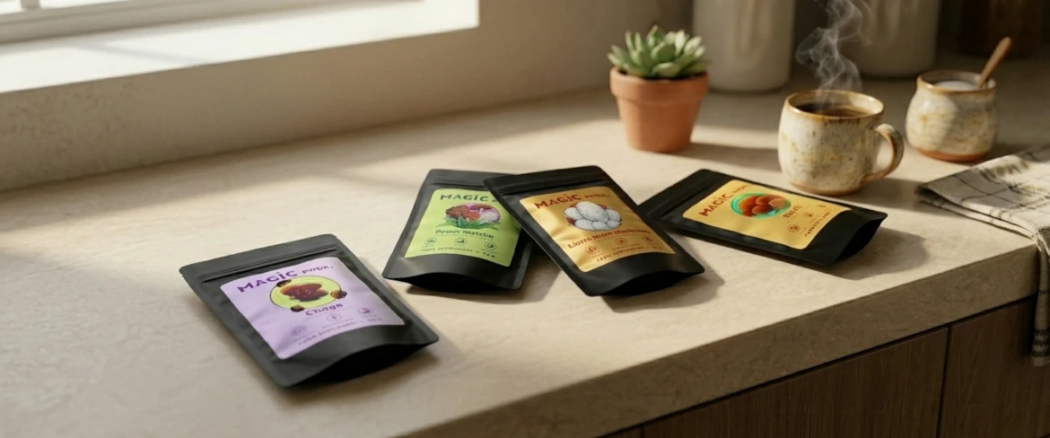 Грибні добавки на кухонній стільниці, що демонструють повний асортимент Magic Pwdr, включаючи рейші, чагу та гриб «левова грива»