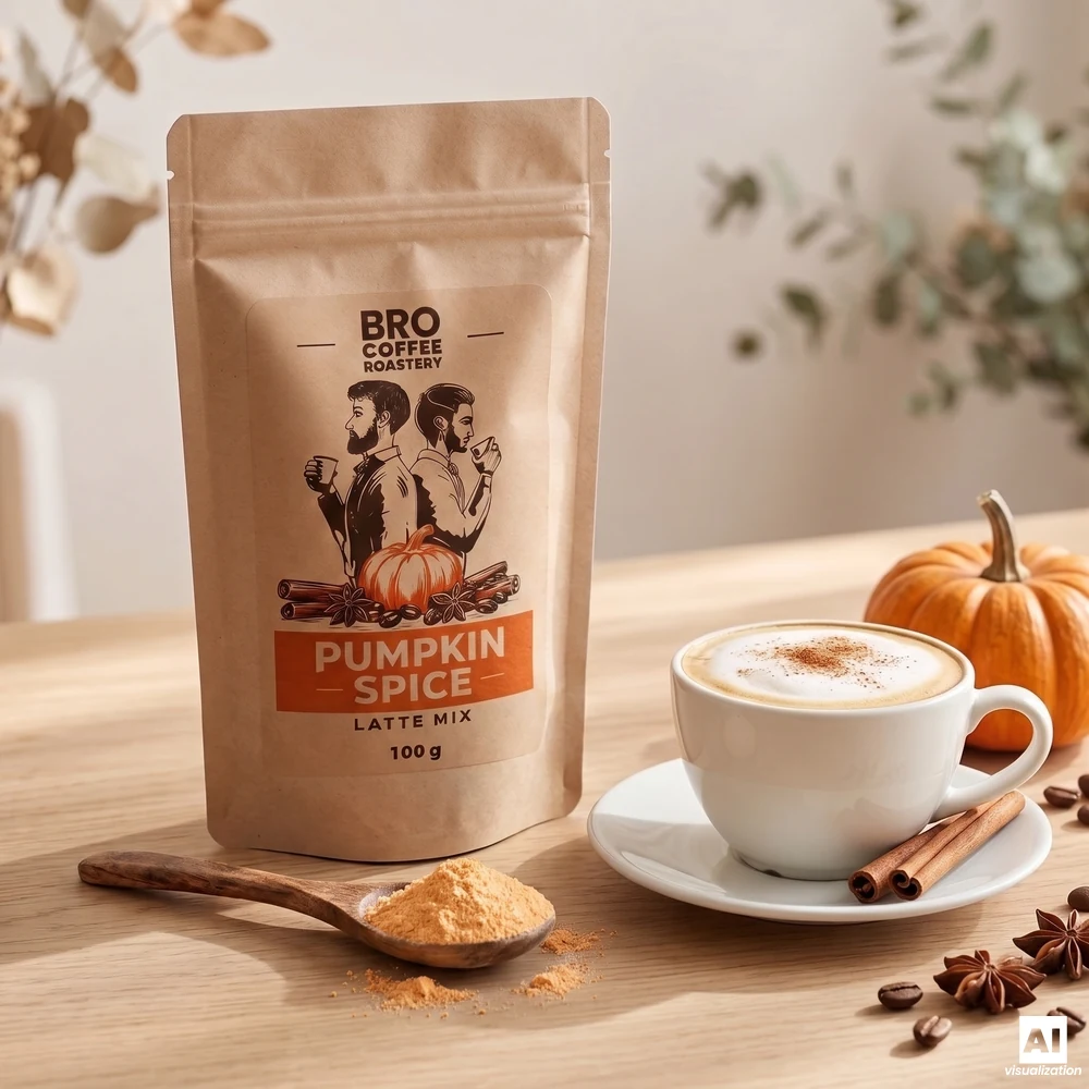 Суміш для приготування латте «Pumpkin Spice Latte» від Bro Coffee Roastery, дерев’яна ложка з гарбузовим порошком та чашка латте, посипана корицею.