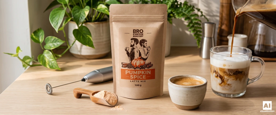Суміш для приготування латте «Pumpkin Spice» від Bro Coffee Roastery, спінювач молока та еспресо, яке наливають у склянку з молочною піною.
