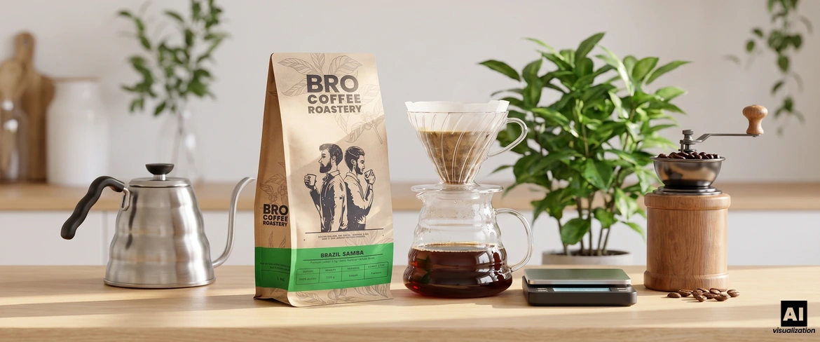 Кава «Bro Coffee Roastery Brazil Samba» поруч із крапельним фільтром, чайником, вагами та ручною кавомолкою.