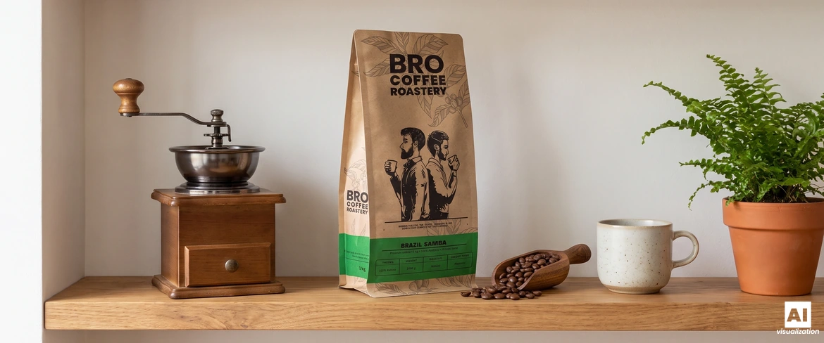 Запечатаний пакет кави «Bro Coffee Roastery Brazil Samba» на полиці поруч із ручною кавомолкою та чашкою.