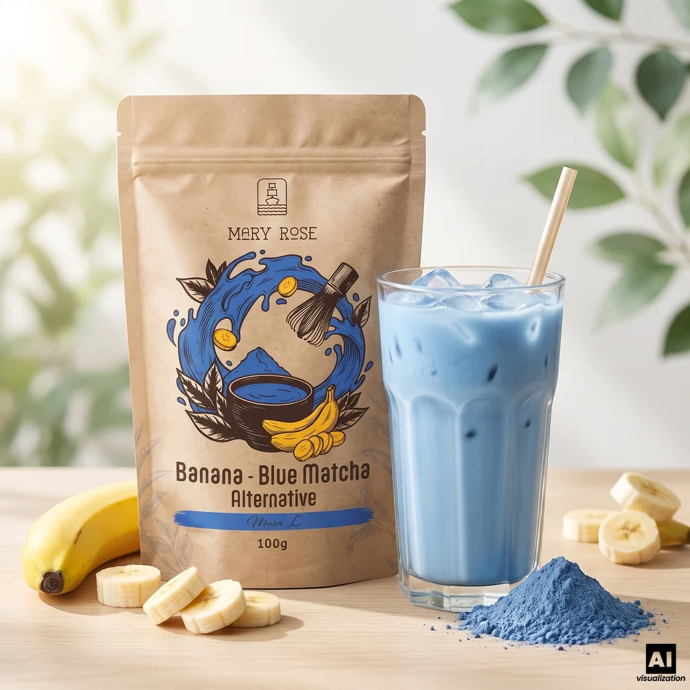«Mary Rose Blue Matcha Alternative» — блакитний матча з бананом і спіруліною, поруч із блакитним лате з льодом і бананом.