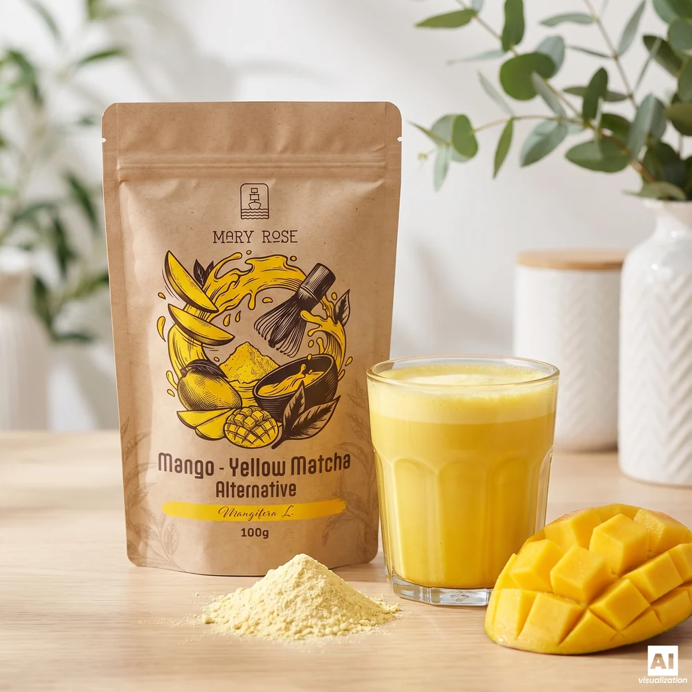 «Mary Rose Yellow Matcha Alternative» (манго-матча): упаковка, жовтий напій, порошок та нарізане кубиками манго.
