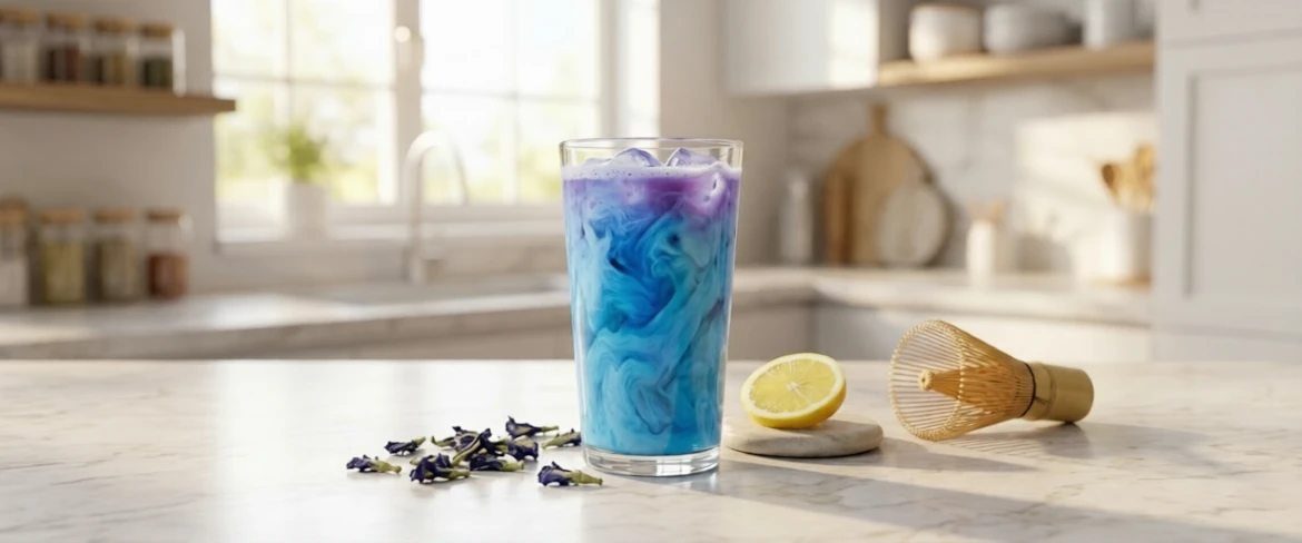 Що таке блакитний матча і як він виглядає? Блакитний матча з квітів кліторії тернатеа, поданий з лимоном