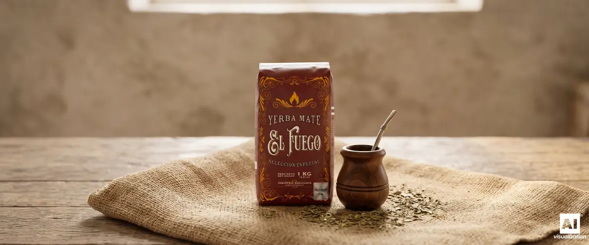 El Fuego Elaborada (1 кг) та калебас для мате з єрба-мате, загорнутий у традиційну джутову тканину.