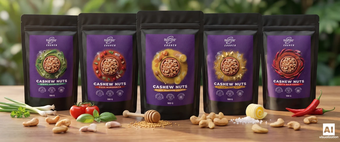 П'ять упаковок смажених горіхів кеш'ю «Nustino Crunch» з ароматизаторами.