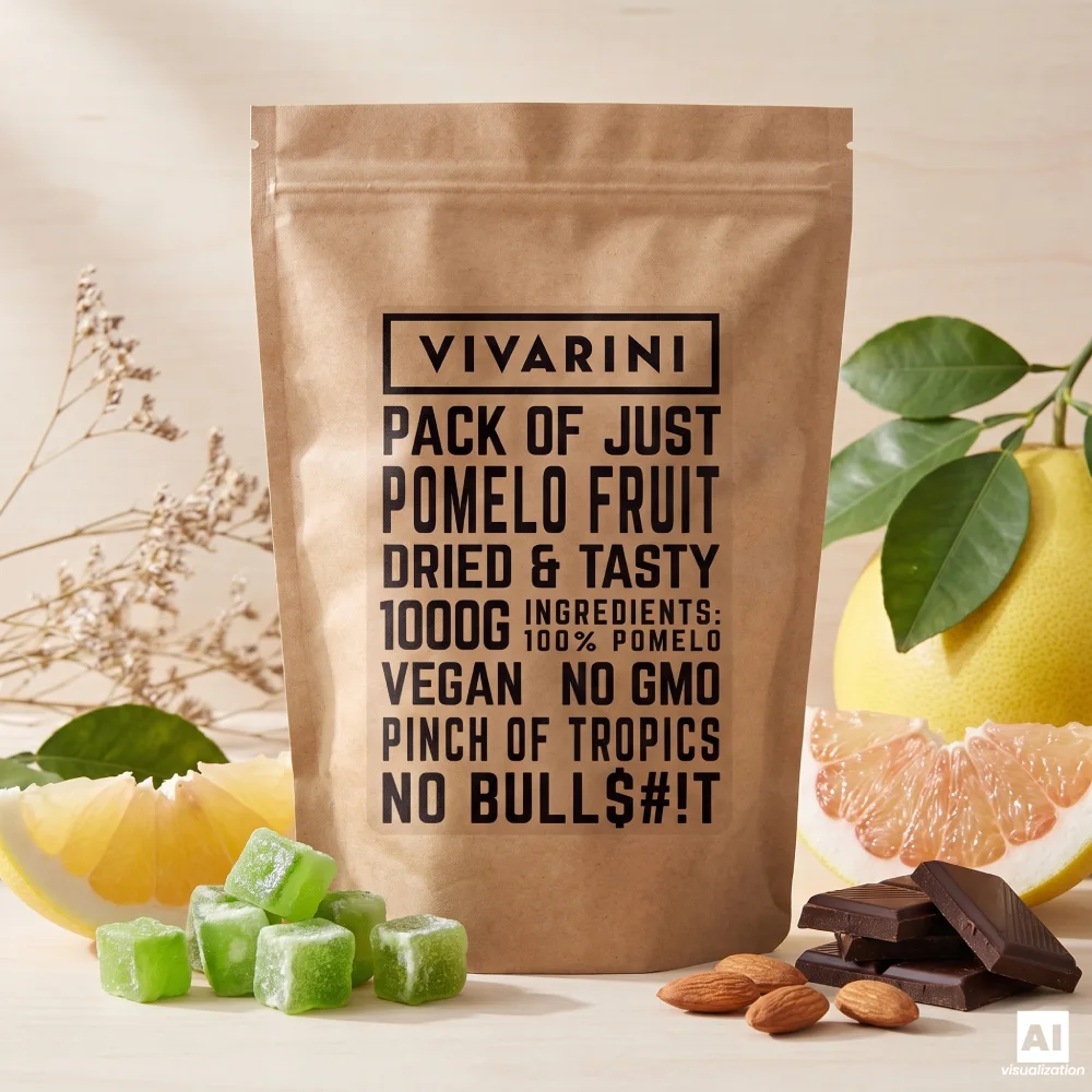 Упаковка цукатів з помело «Vivarini» поруч зі свіжими цитрусовими, темним шоколадом та мигдалем.