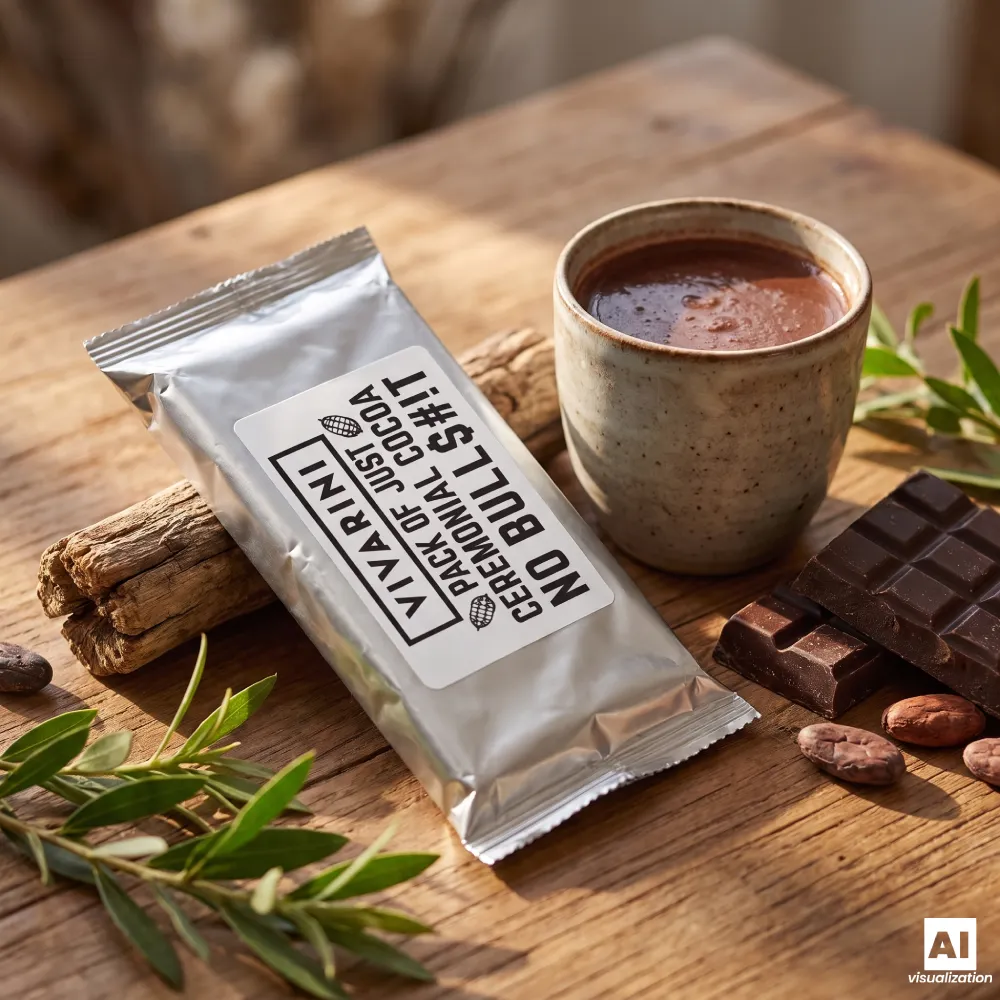 Церемоніальне какао «Vivarini Criollo» у срібній упаковці поруч із чашкою какао.