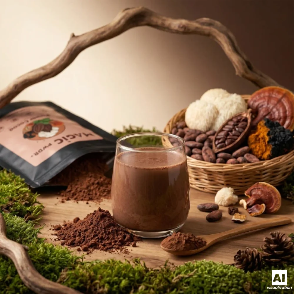 «Magic Pwdr Power Cocoa» — це какао з грибними екстрактами, поруч із чашкою гарячого какао.