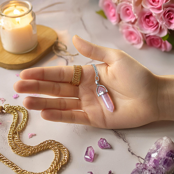 Підвіска з рожевим кварцом у мішечку + ланцюжок