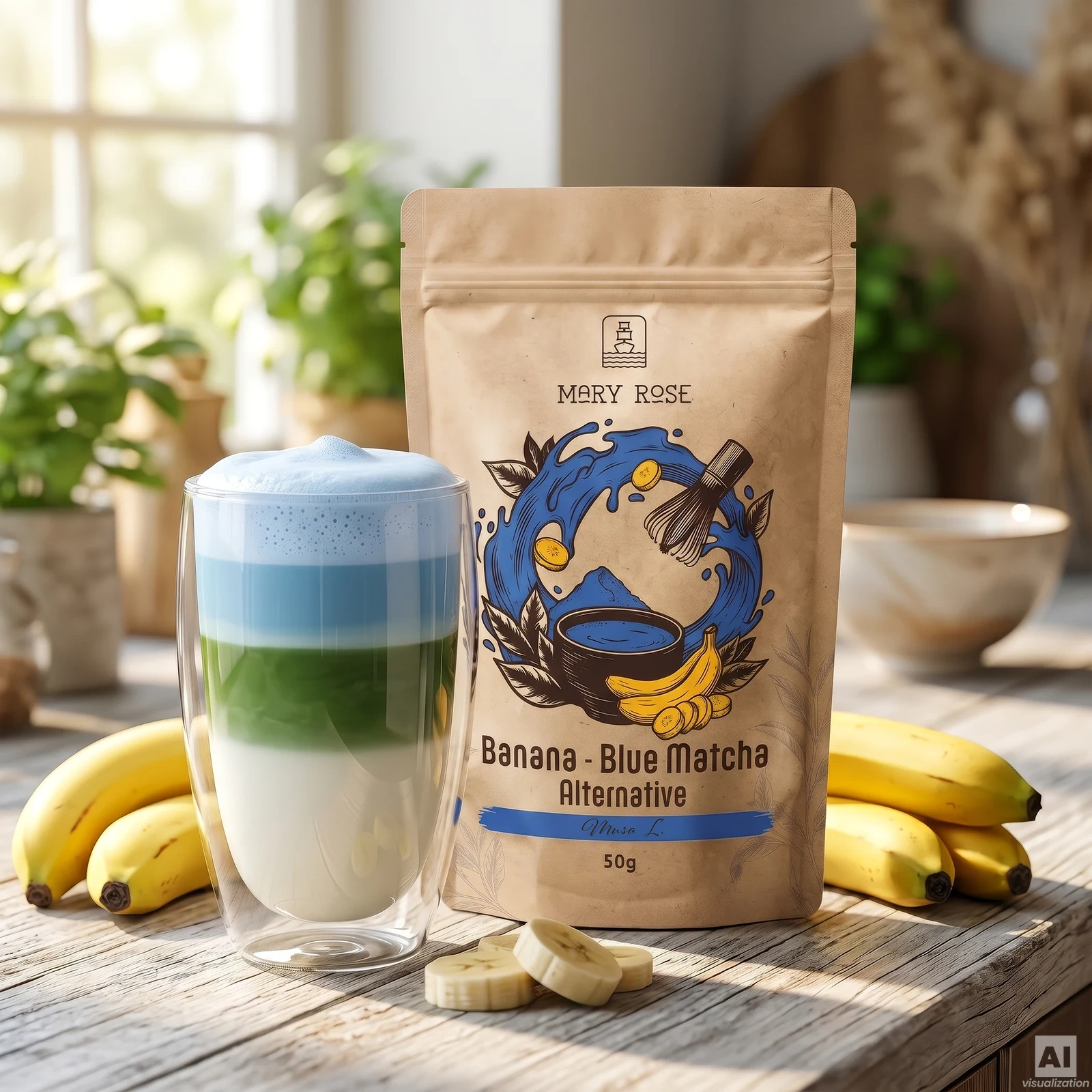 Триколірний Blue Banana Matcha Latte з Mary Rose Blue Matcha Alternative Банан